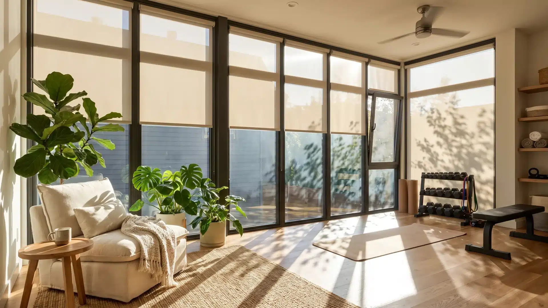 South-facing sunroom and home gym with bright windows and adjustable shades.