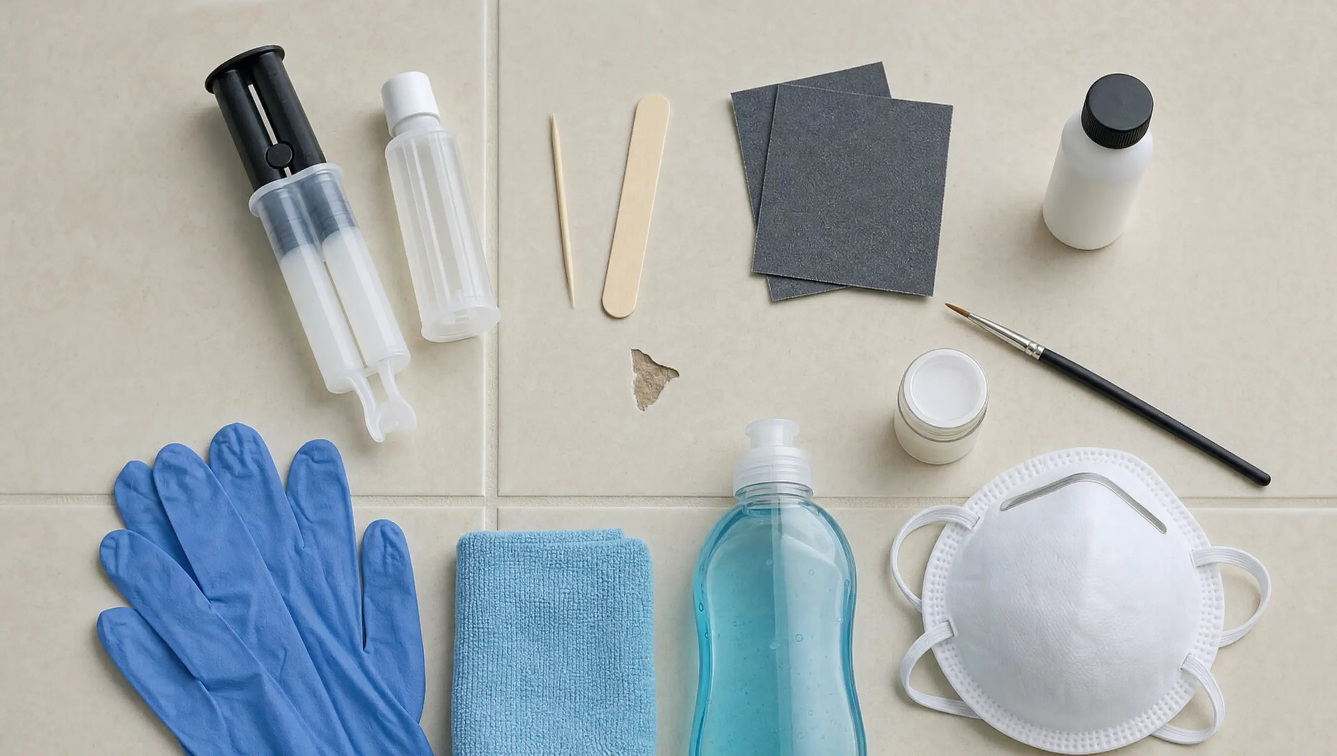 Chipped ceramic tile surrounded by epoxy, sandpaper, brush, cleaning cloth, gloves, and other basic tile repair supplies.