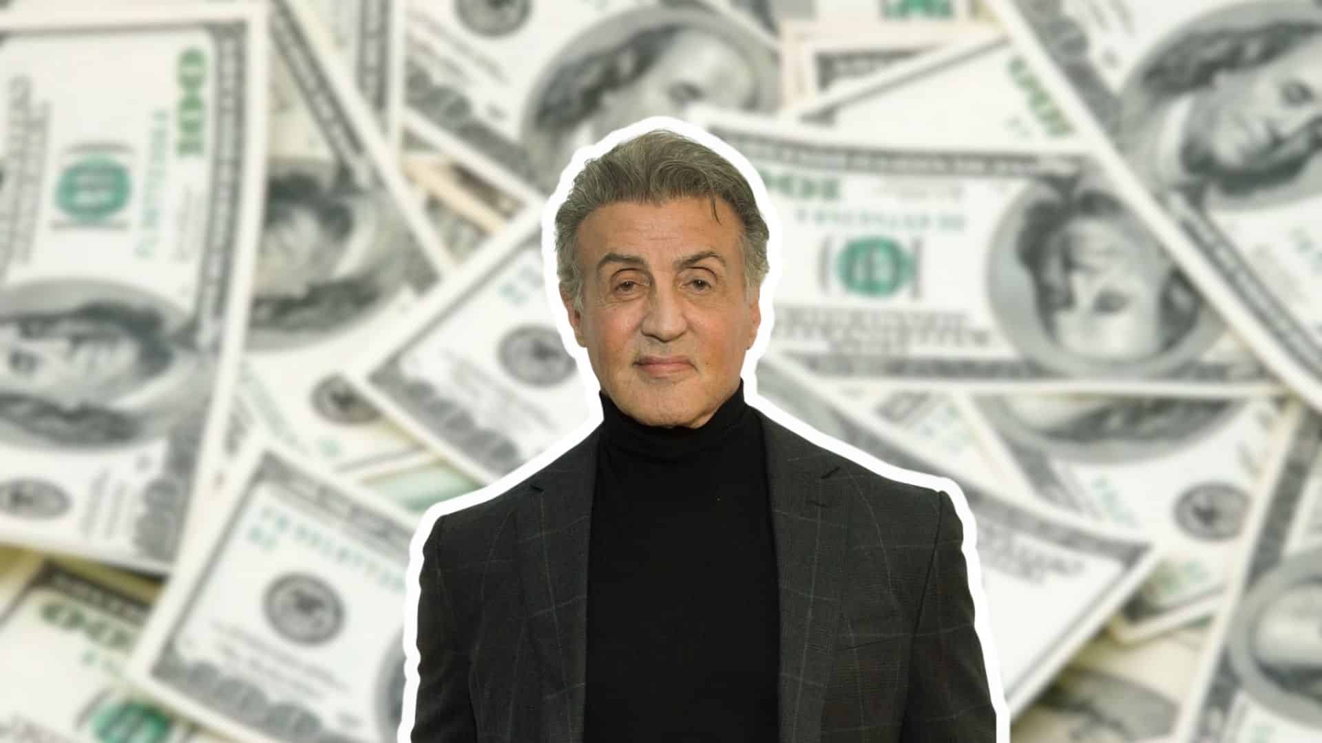 Sylvester Stallone standing against a background of dollar bills representing his net worth and success.