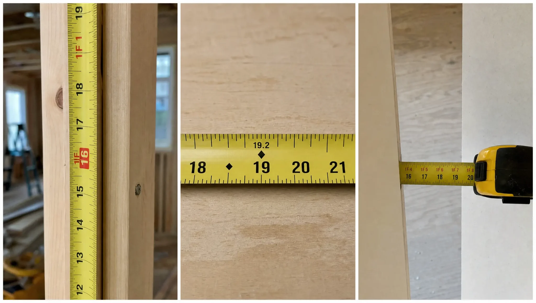 Tape measure collage showing red marks, black diamonds, and an inside measurement with the tape case.