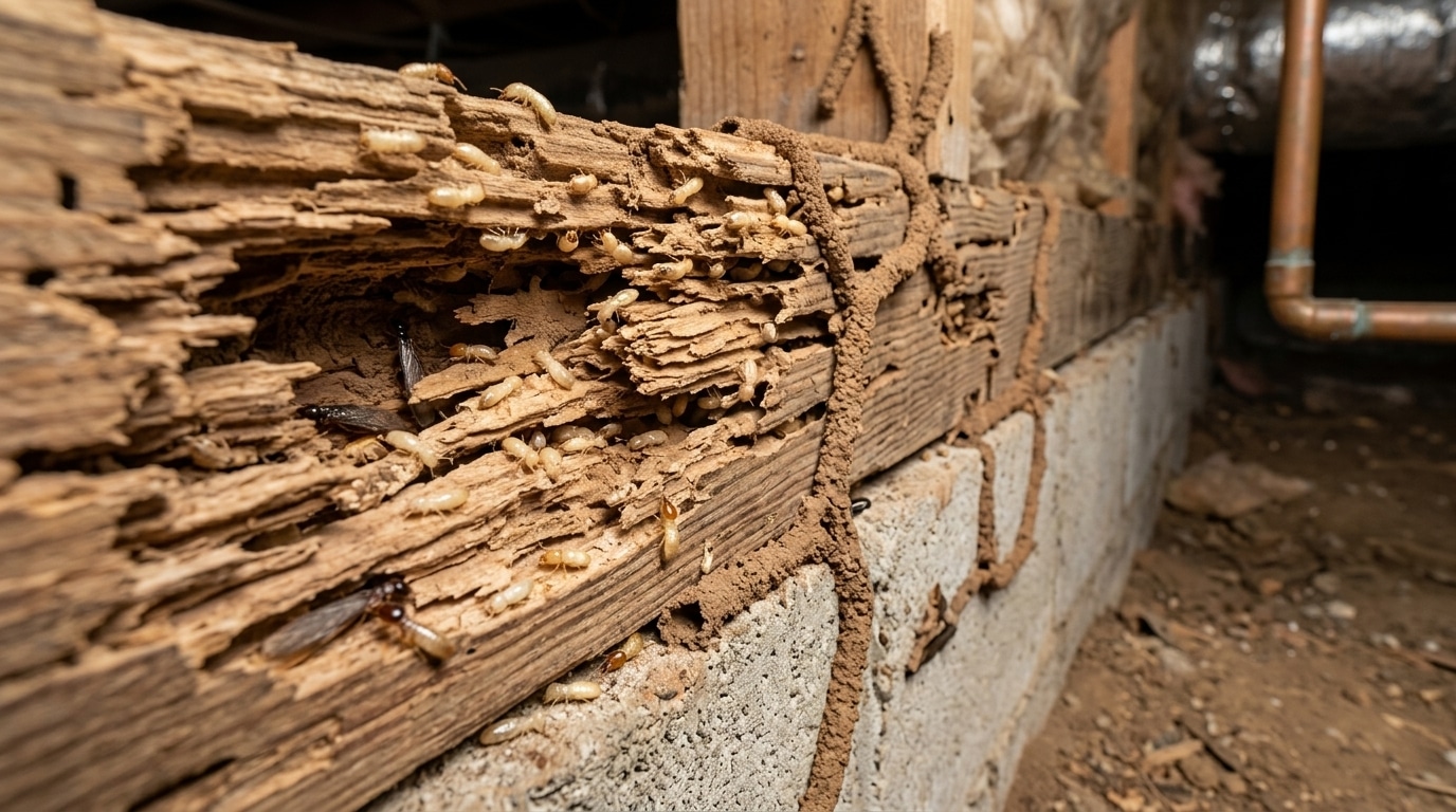 Decaying wooden beam infested with termites in a dimly lit crawl space