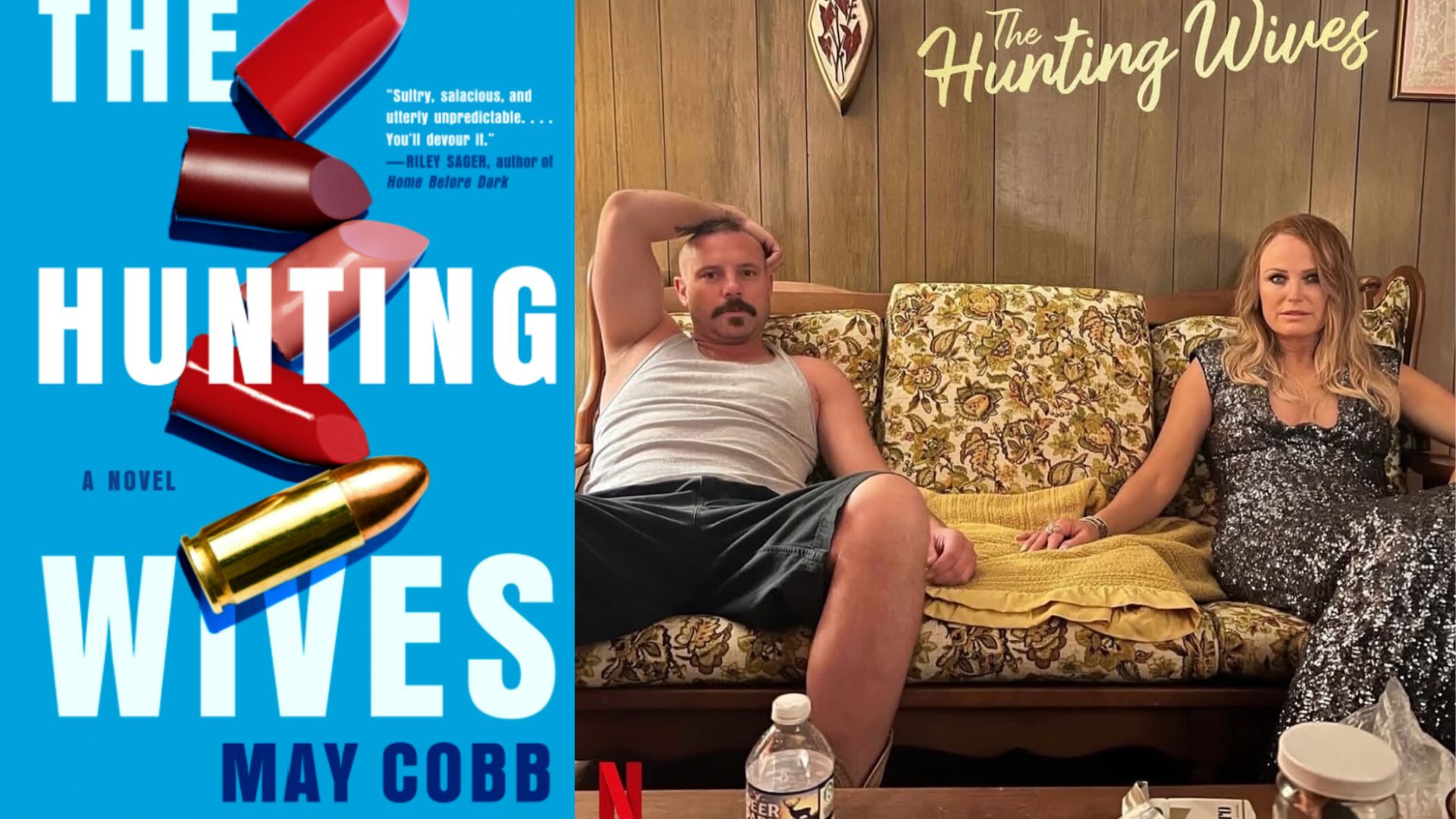  The Hunting Wives book cover beside a Netflix scene featuring characters from the thriller series.