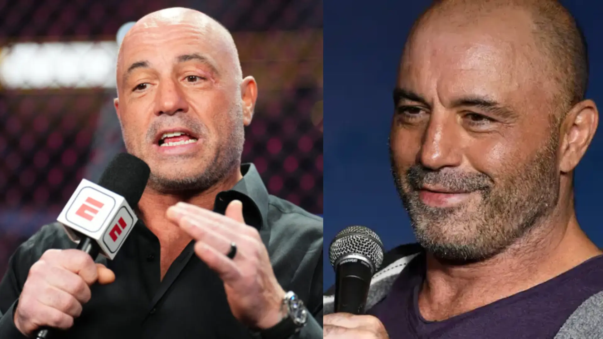 Side-by-side photos of Joe Rogan speaking into microphones during two different public appearances.