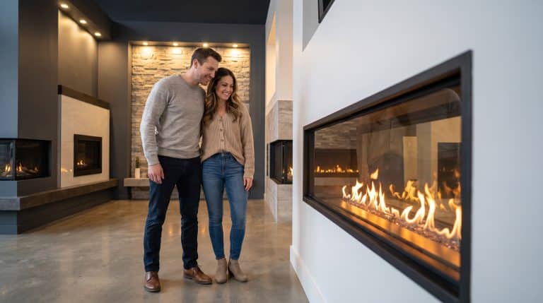 Couple standing in modern showroom with multiple lit gas fireplaces and stone accents