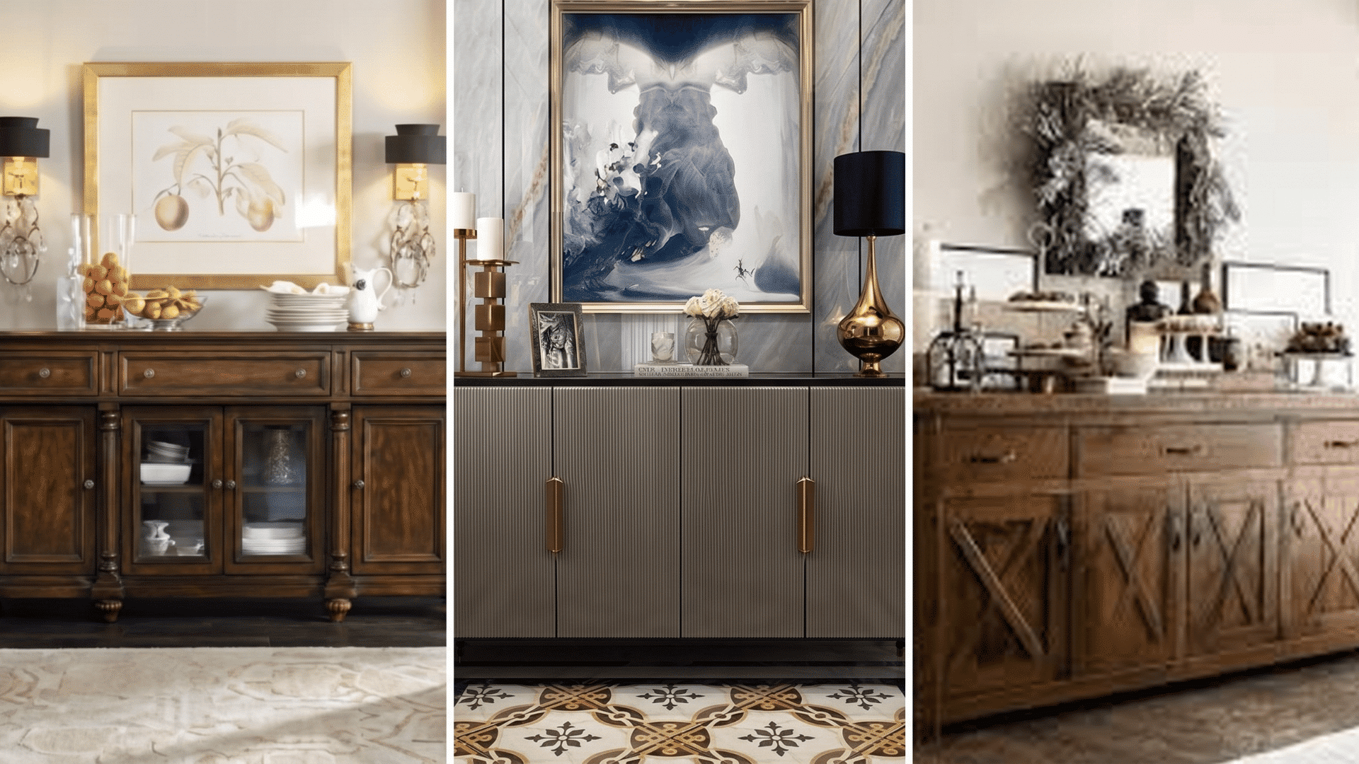 Three buffet table designs shown side-by-side displaying traditional, modern, and rustic styles."
