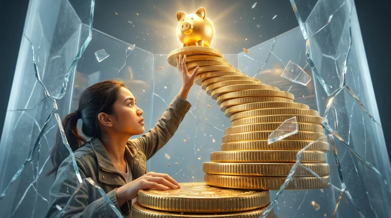 Woman reaching for golden piggy bank atop stacked coins inside shattered glass enclosure
