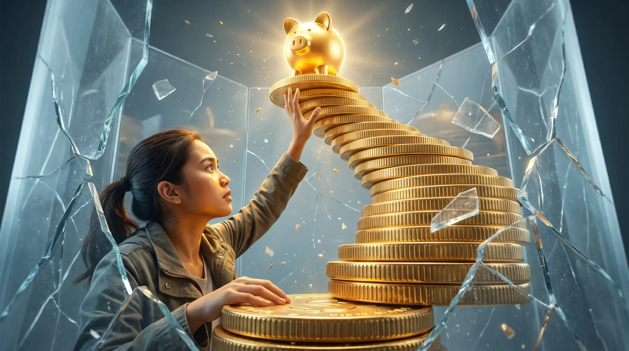 Woman reaching for golden piggy bank atop stacked coins inside shattered glass enclosure