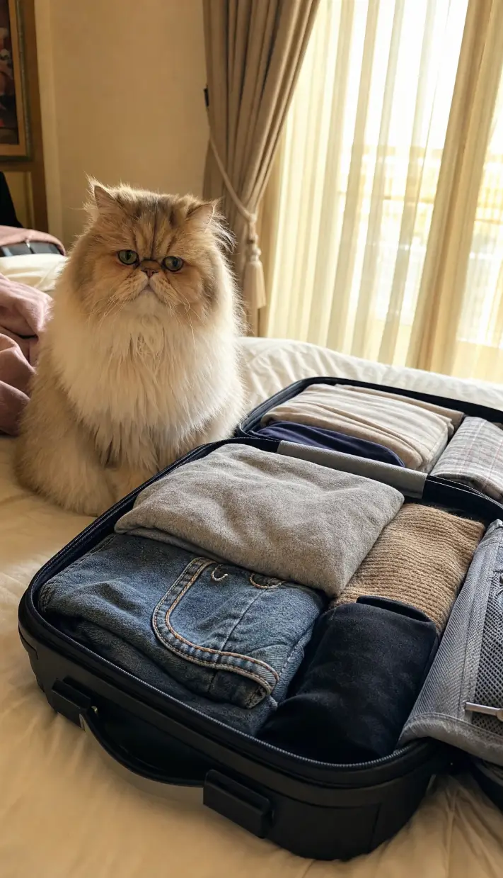 Fluffy cat sitting on a bed beside an open suitcase packed with clothes