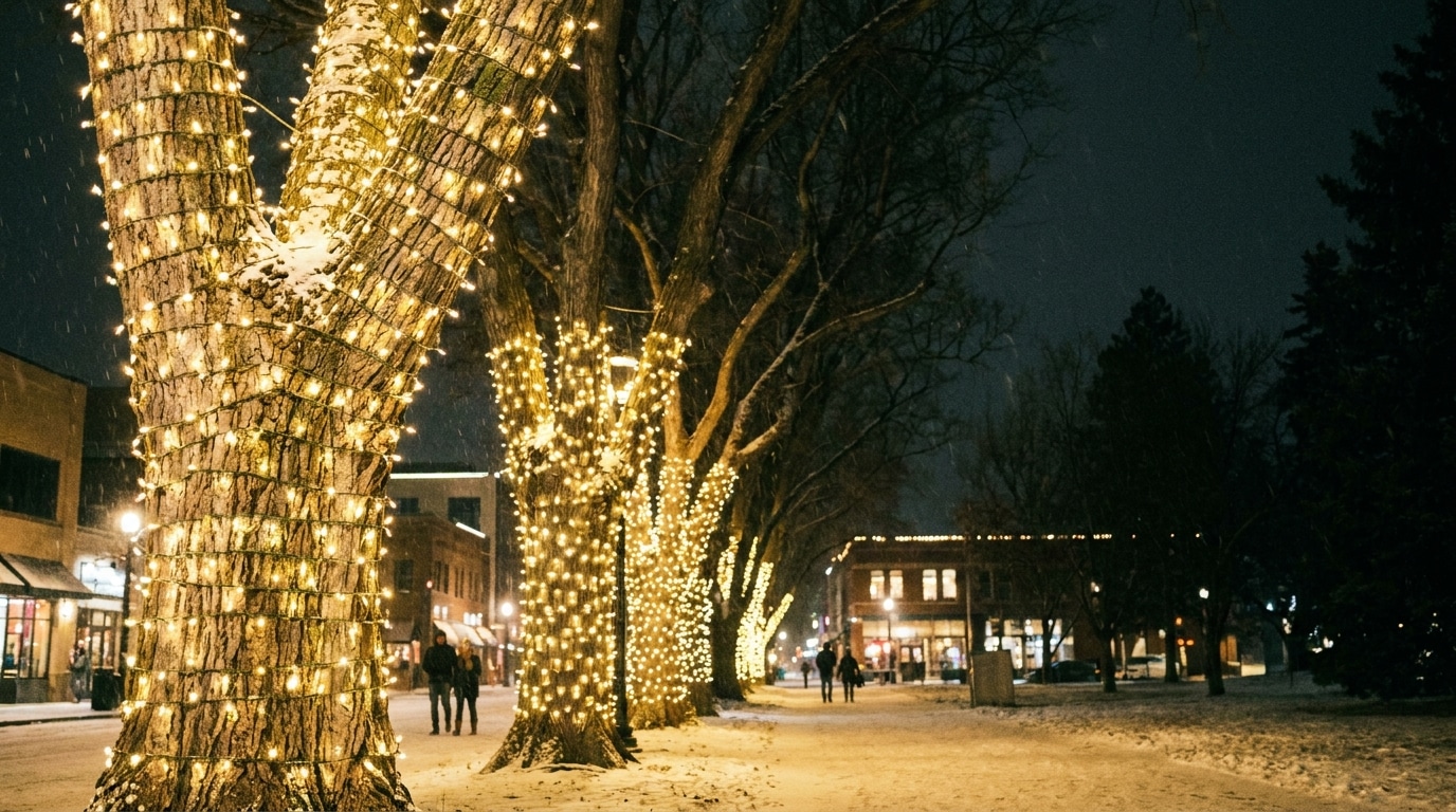 Trees wrapped in string lights along snowy sidewalk at night with people walking