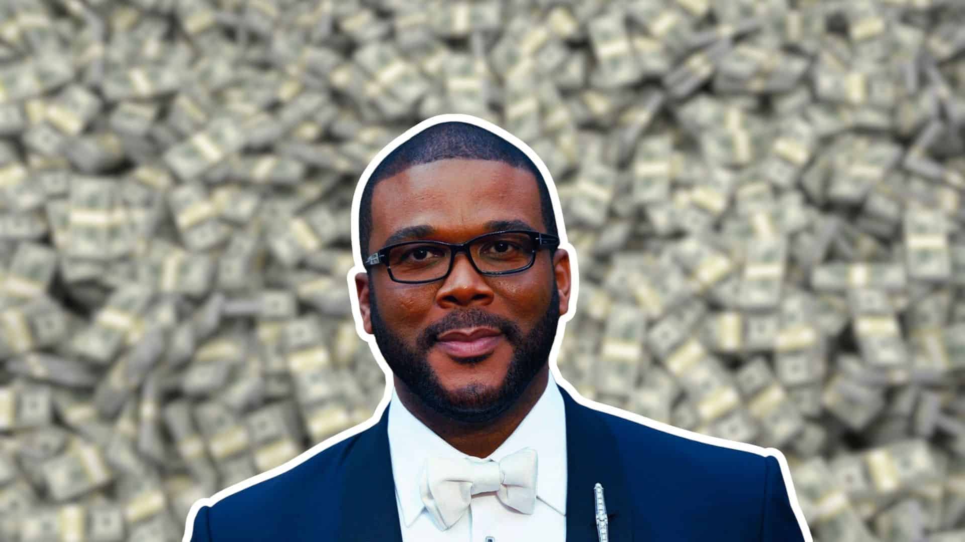 Tyler Perry in a tuxedo against a background of US dollar Notes.