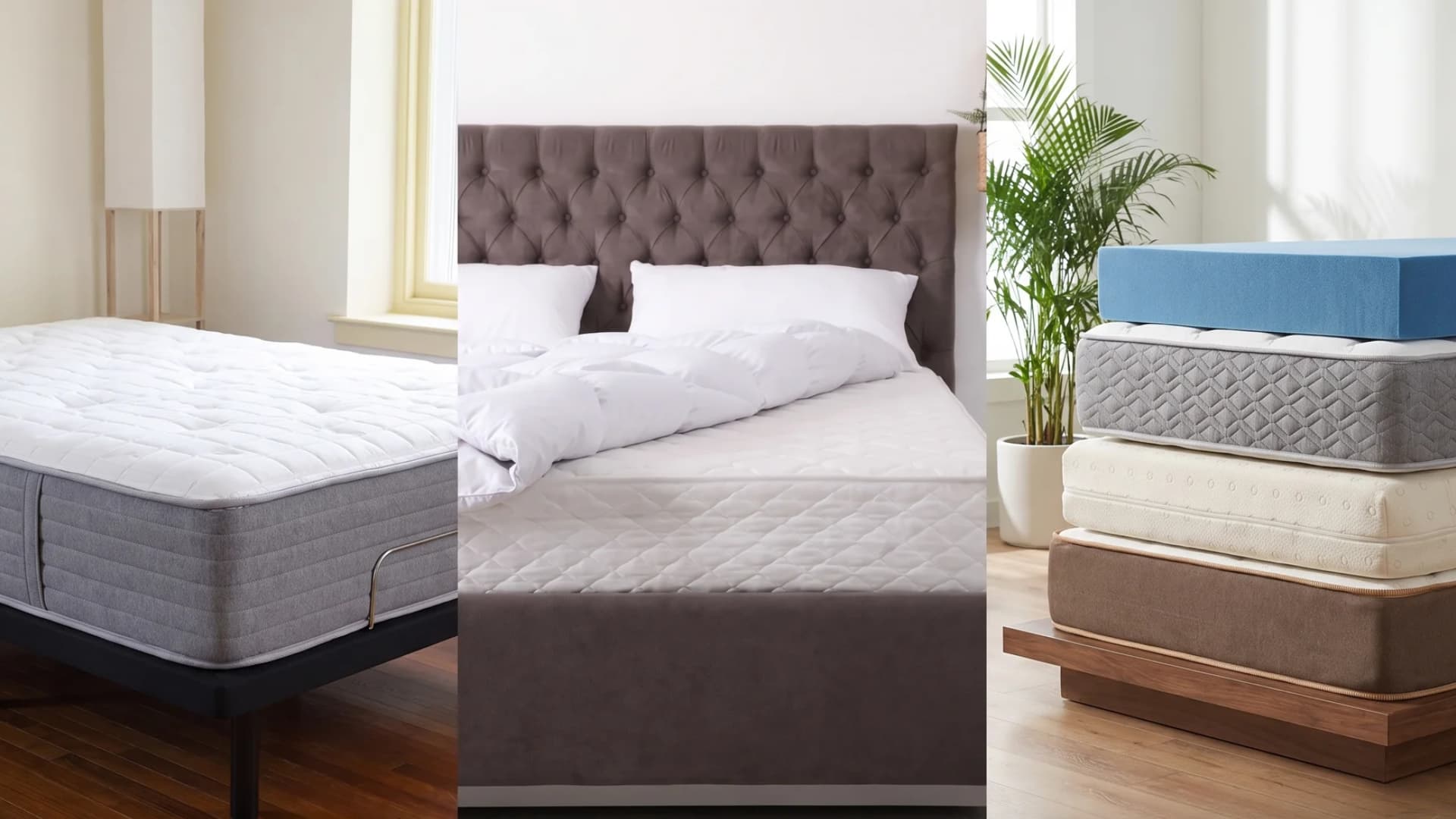 Three different mattress types, including a tufted fabric bed, a modern gray upholstered frame, and a stack of foam mattresses.
