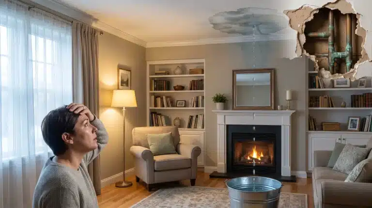 Ceiling leak with water dripping into bucket in cozy living room, person looking concerned