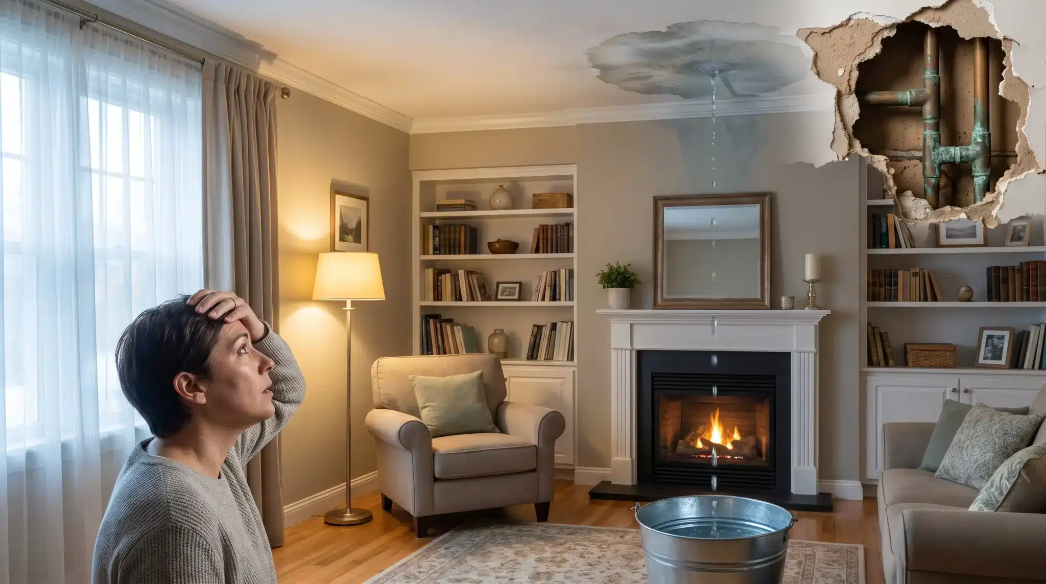 Ceiling leak with water dripping into bucket in cozy living room, person looking concerned