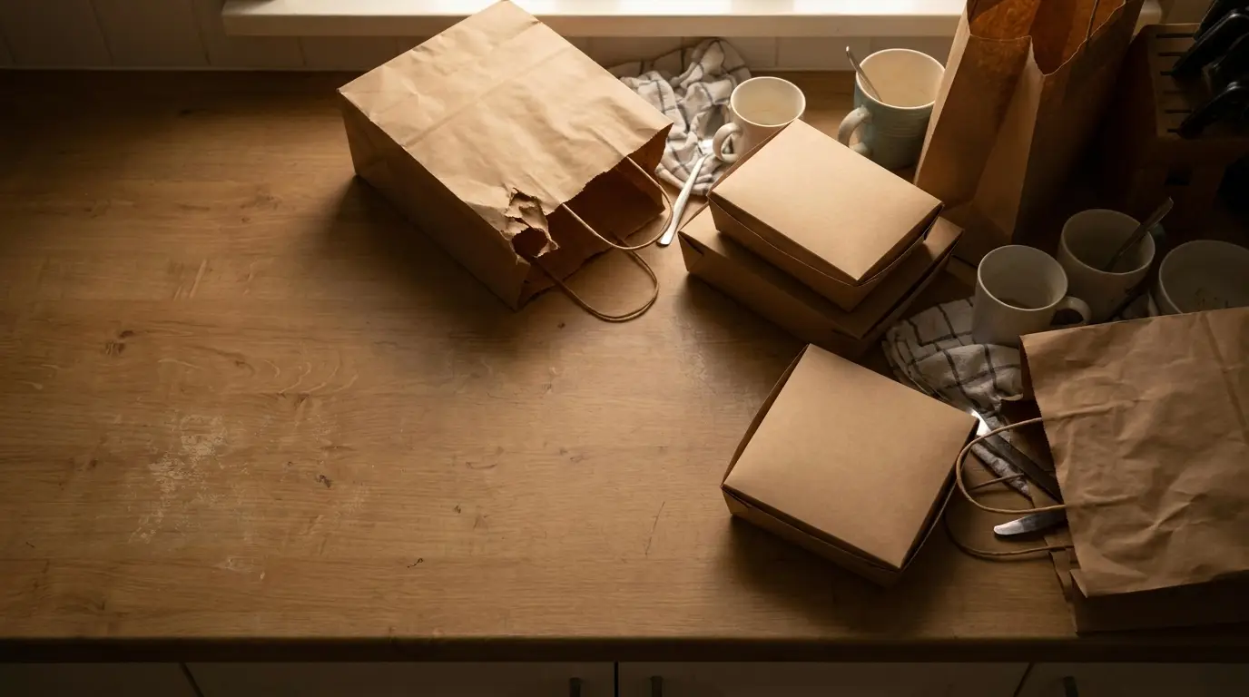 Brown paper bags and takeaway boxes on wooden kitchen countertop in soft lighting