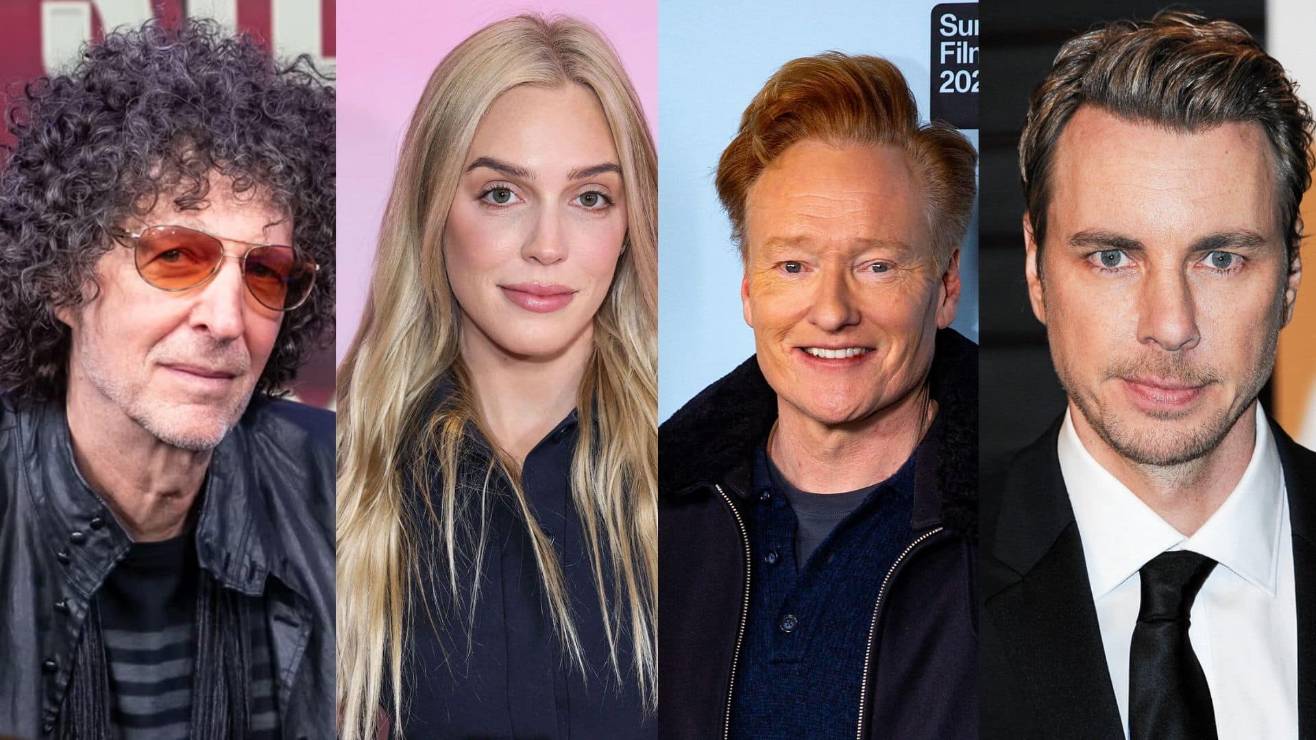 Side-by-side portraits of media personalities Howard Stern, Alex Cooper, Conan O'Brien, and Dax Shepard