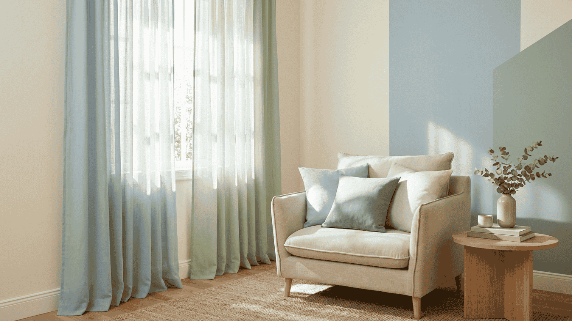 Morning room with soft neutral and pale blue tones, sheer white curtains, and a cozy sofa illuminated by natural light.