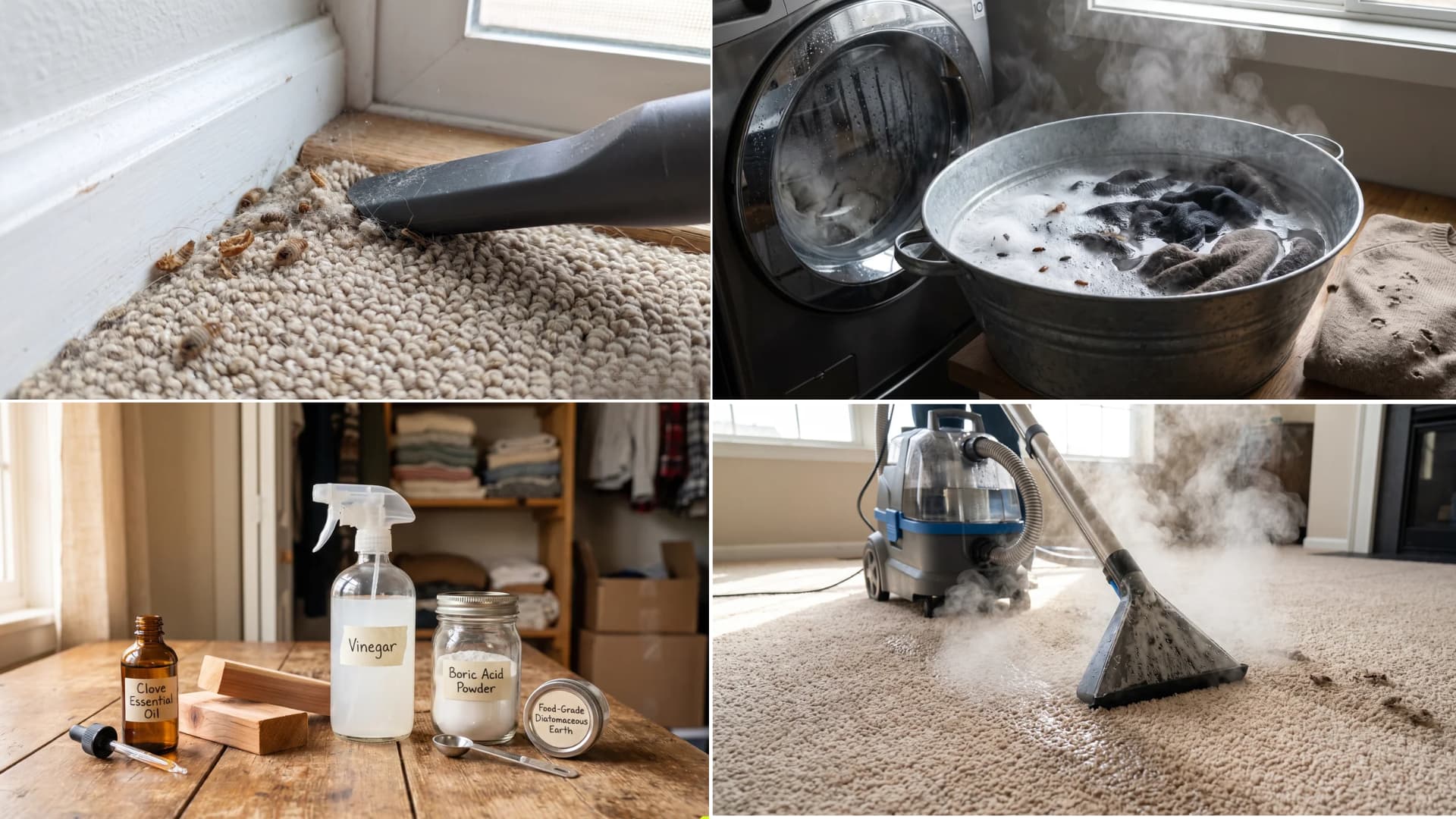 Carpet beetle removal process showing vacuuming carpet edges, hot water fabric treatment, natural pest control supplies, and steam cleaning.
