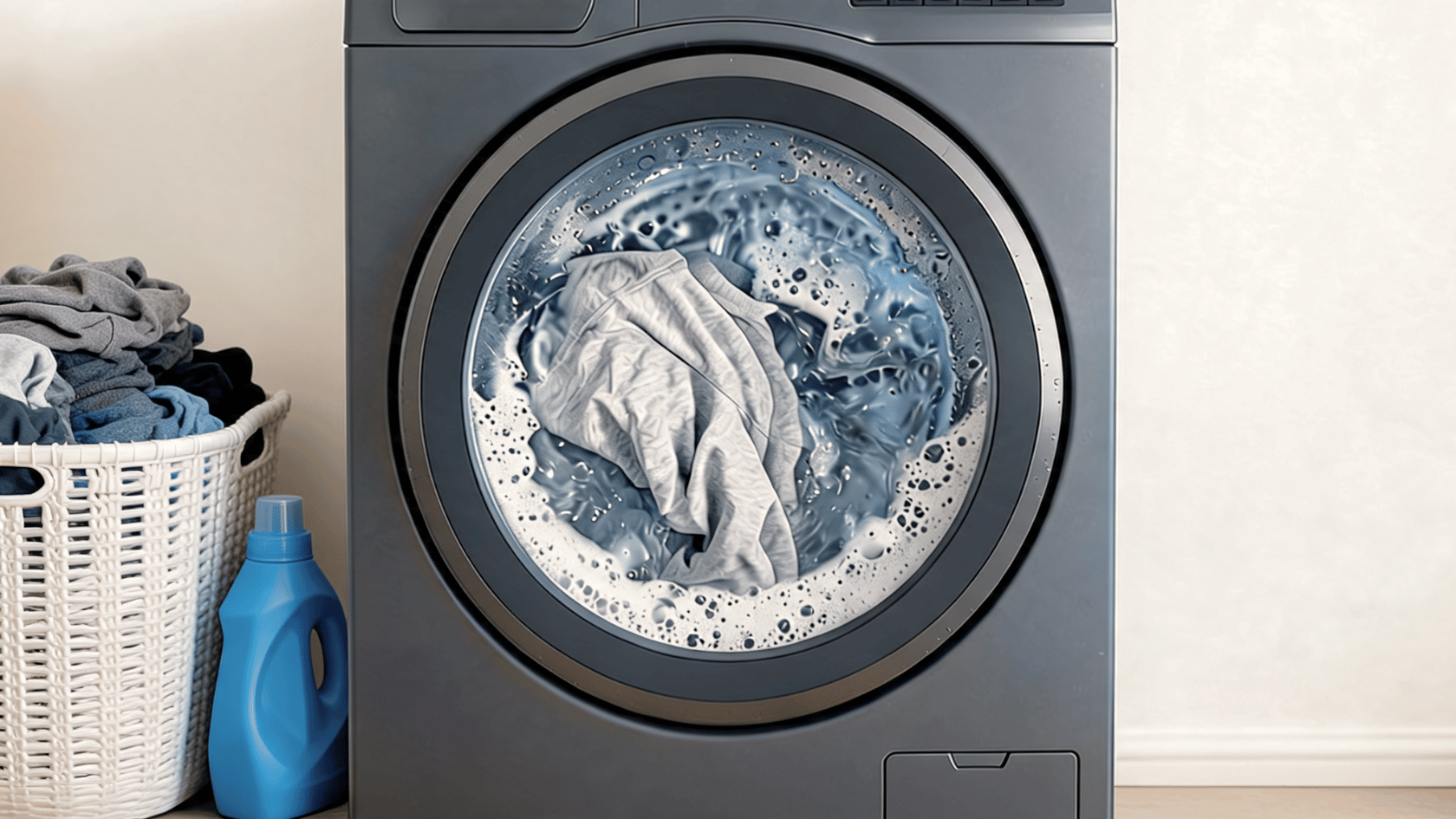 Front-load washing machine mid-cycle with sudsy water and clothes visible, laundry basket and detergent beside it.