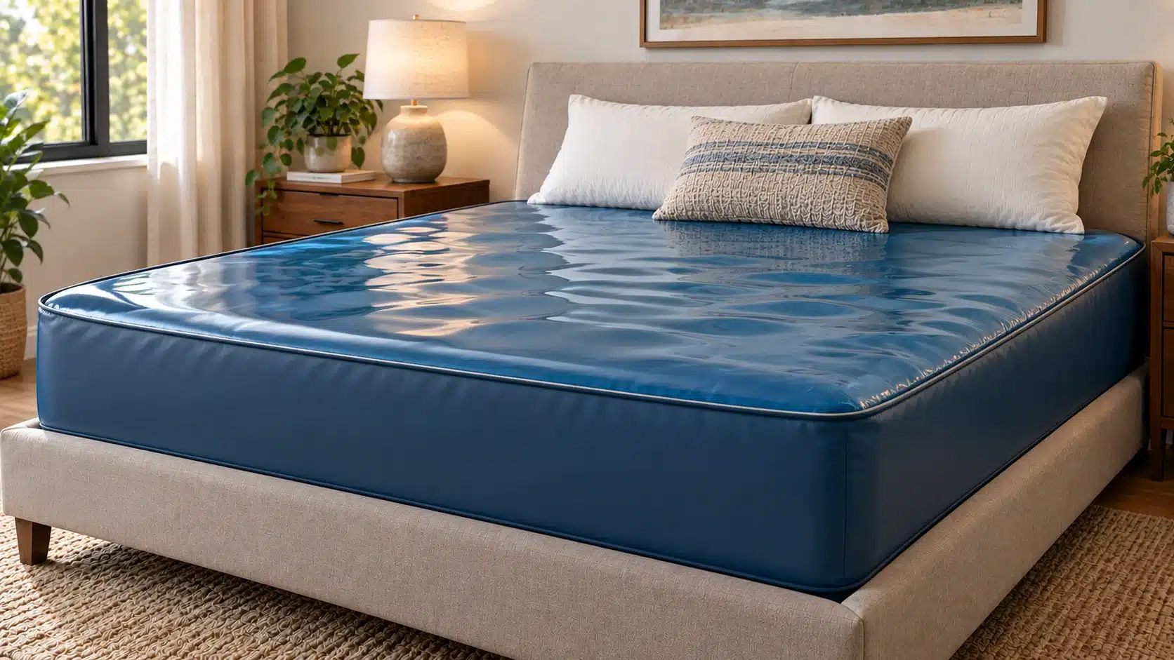 Waterbed mattress on a modern bed with a smooth water-filled surface, soft pillows, and warm bedroom decor