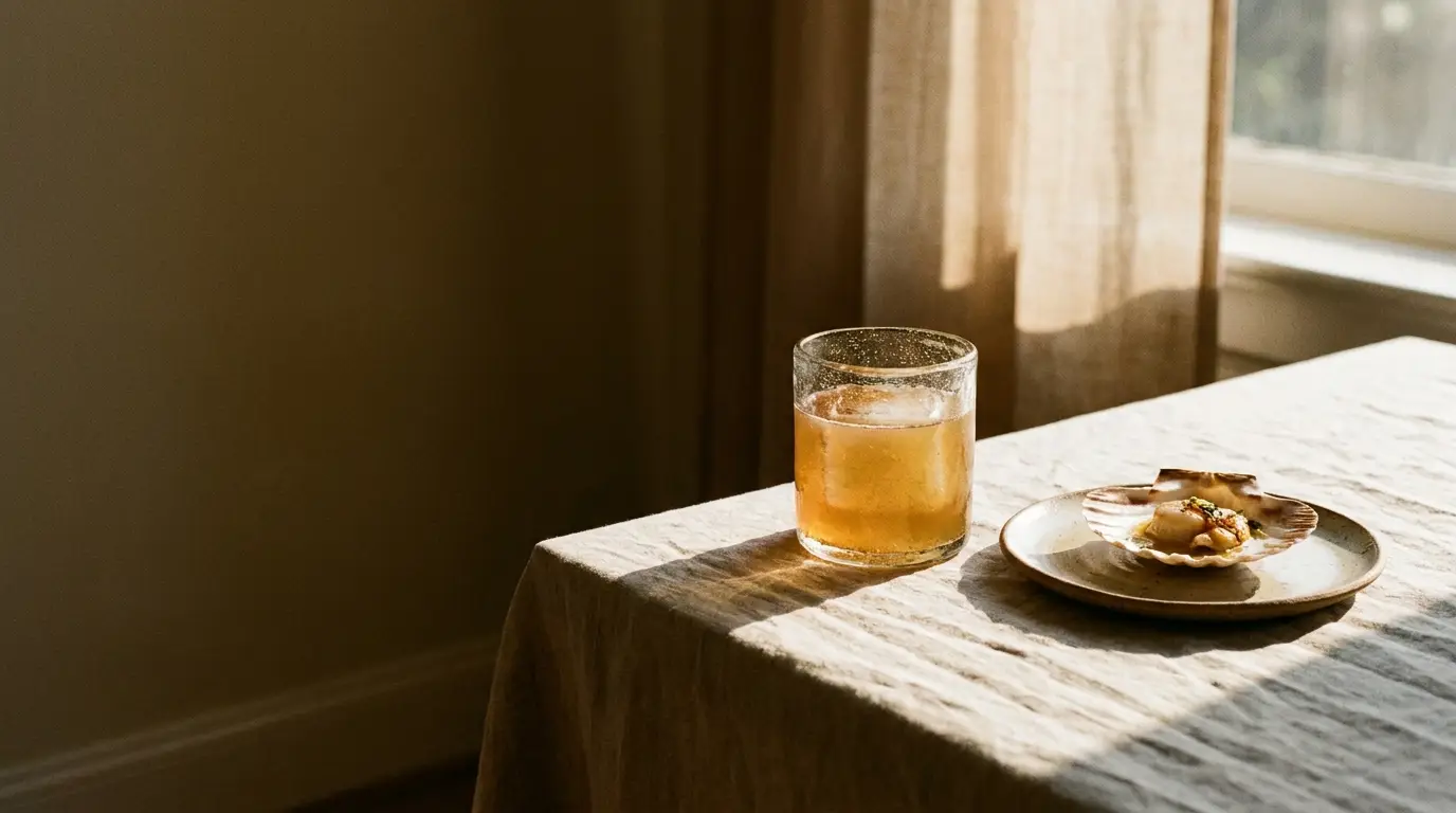 Glass of iced tea and scallop dish on sunlit table with beige tablecloth