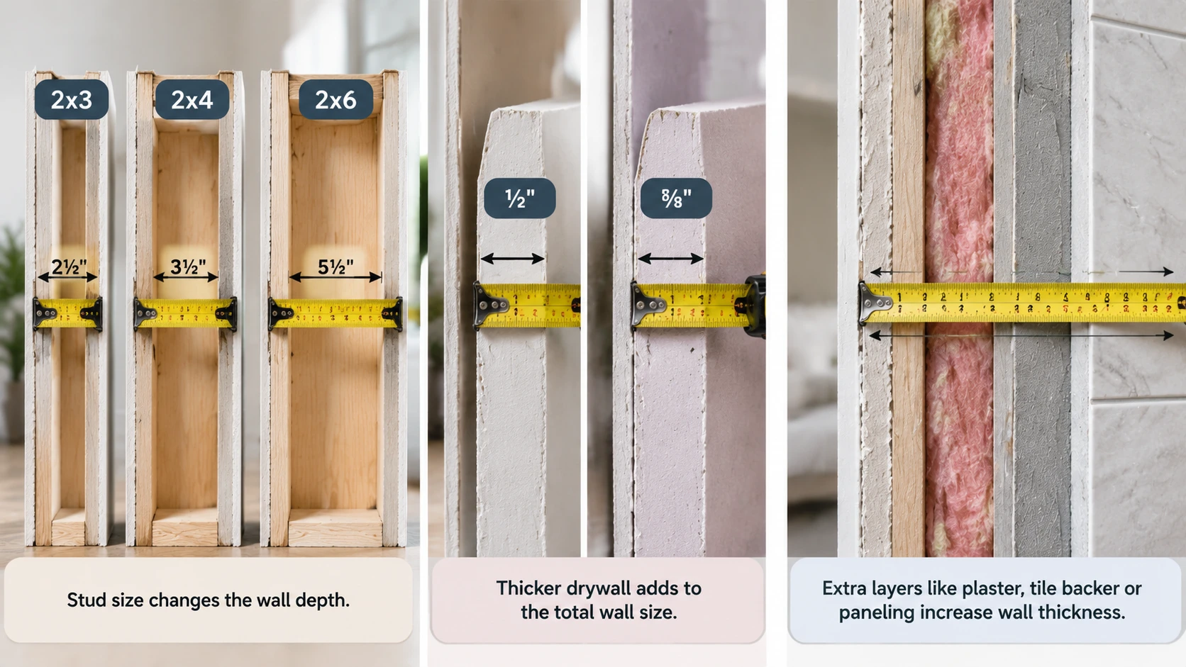 Interior wall thickness comparison showing stud sizes, drywall layers, and added wall materials