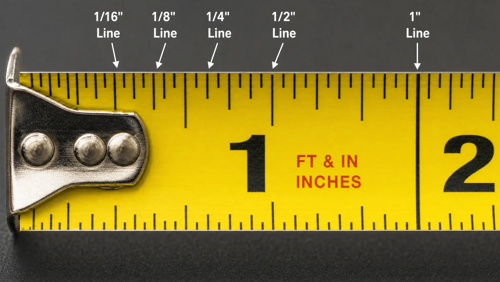 Tape measure showing labeled 1/16, 1/8, 1/4, 1/2, and 1-inch lines to explain measurement markings.