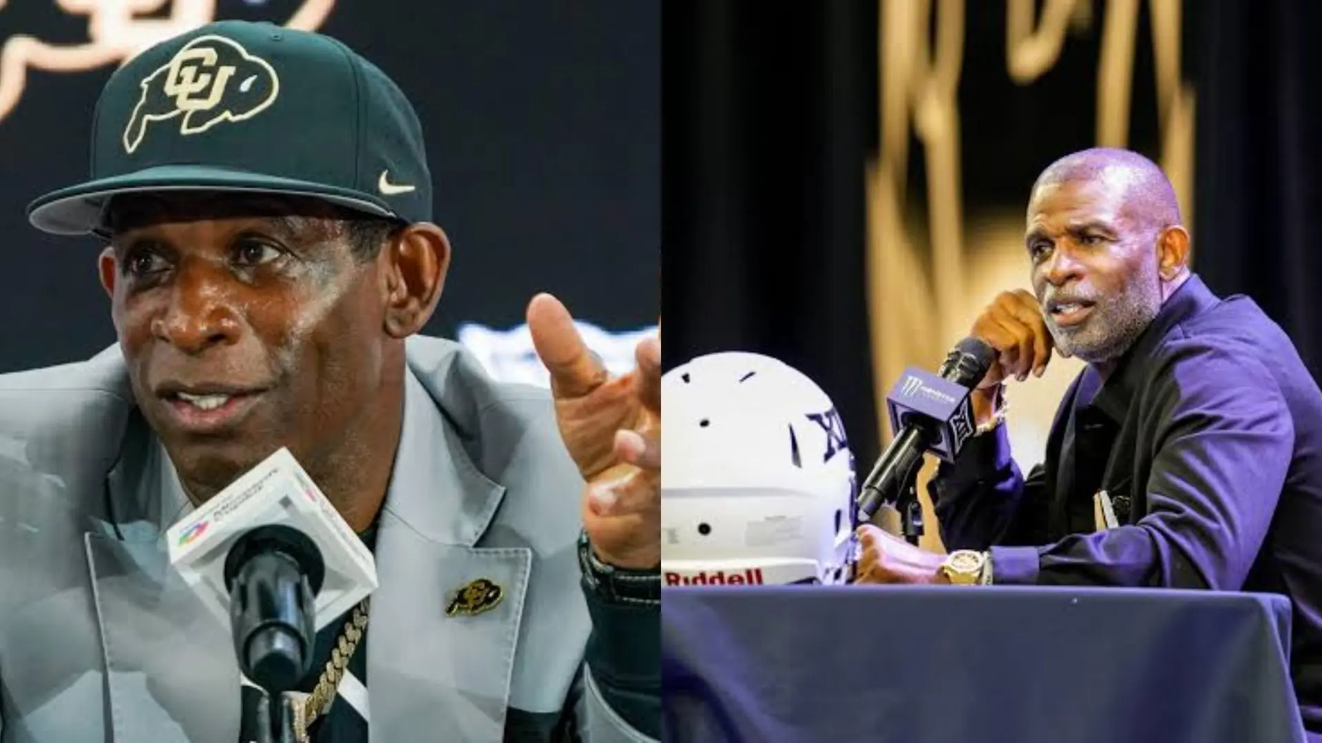 Deion Sanders speaking at media events during his coaching career.