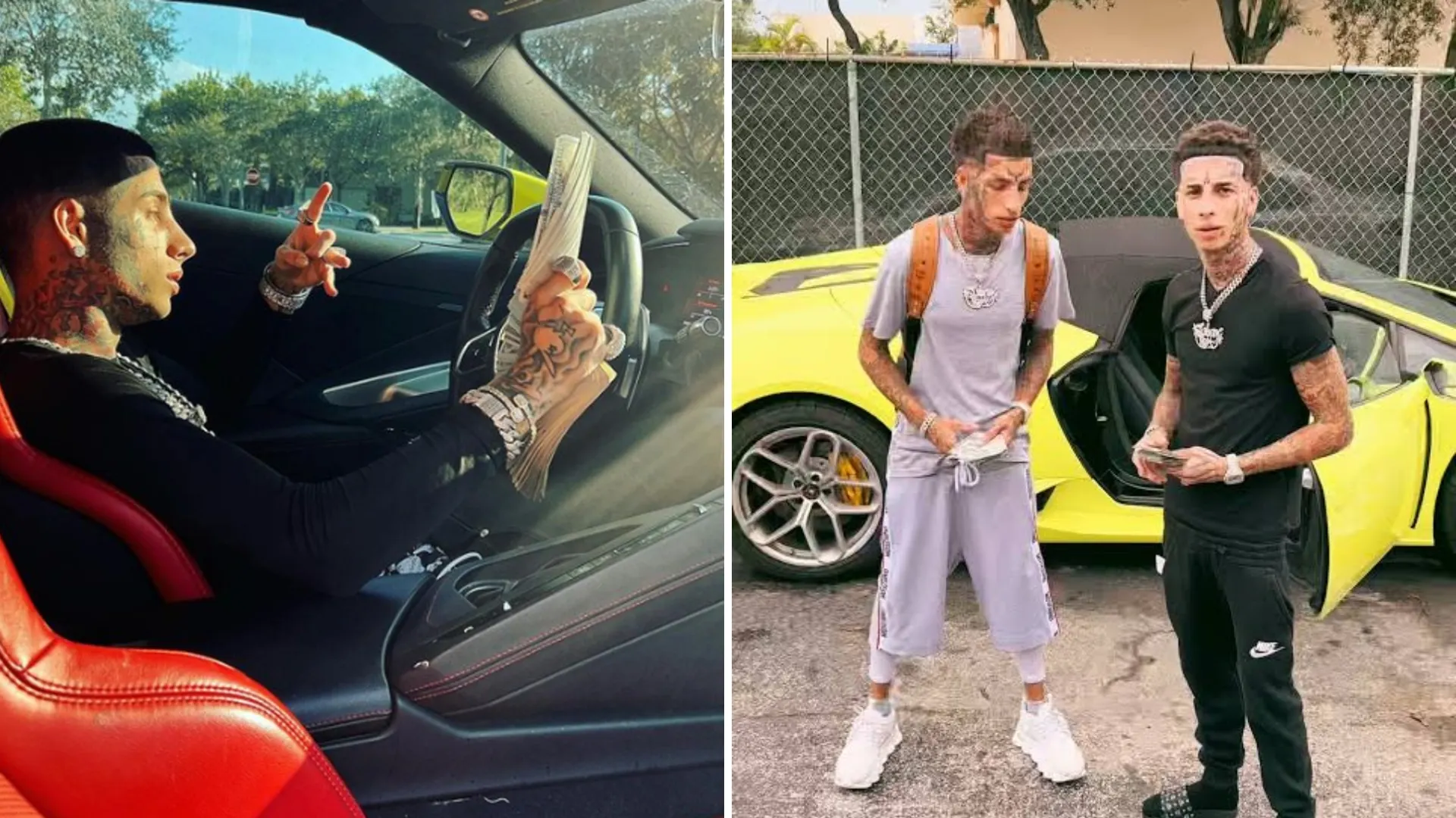 The Island Boys displaying stacks of cash inside and beside a yellow luxury car.