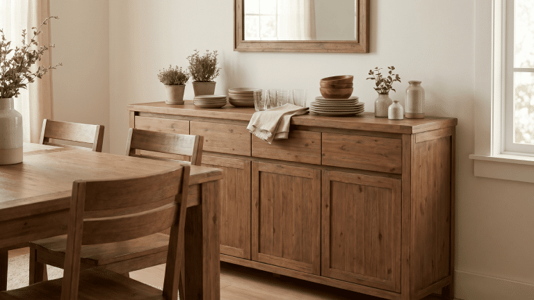 A long wooden buffet table with drawers and cabinets in a dining room, styled with potted plants and dishes, set next to a wooden dining set.