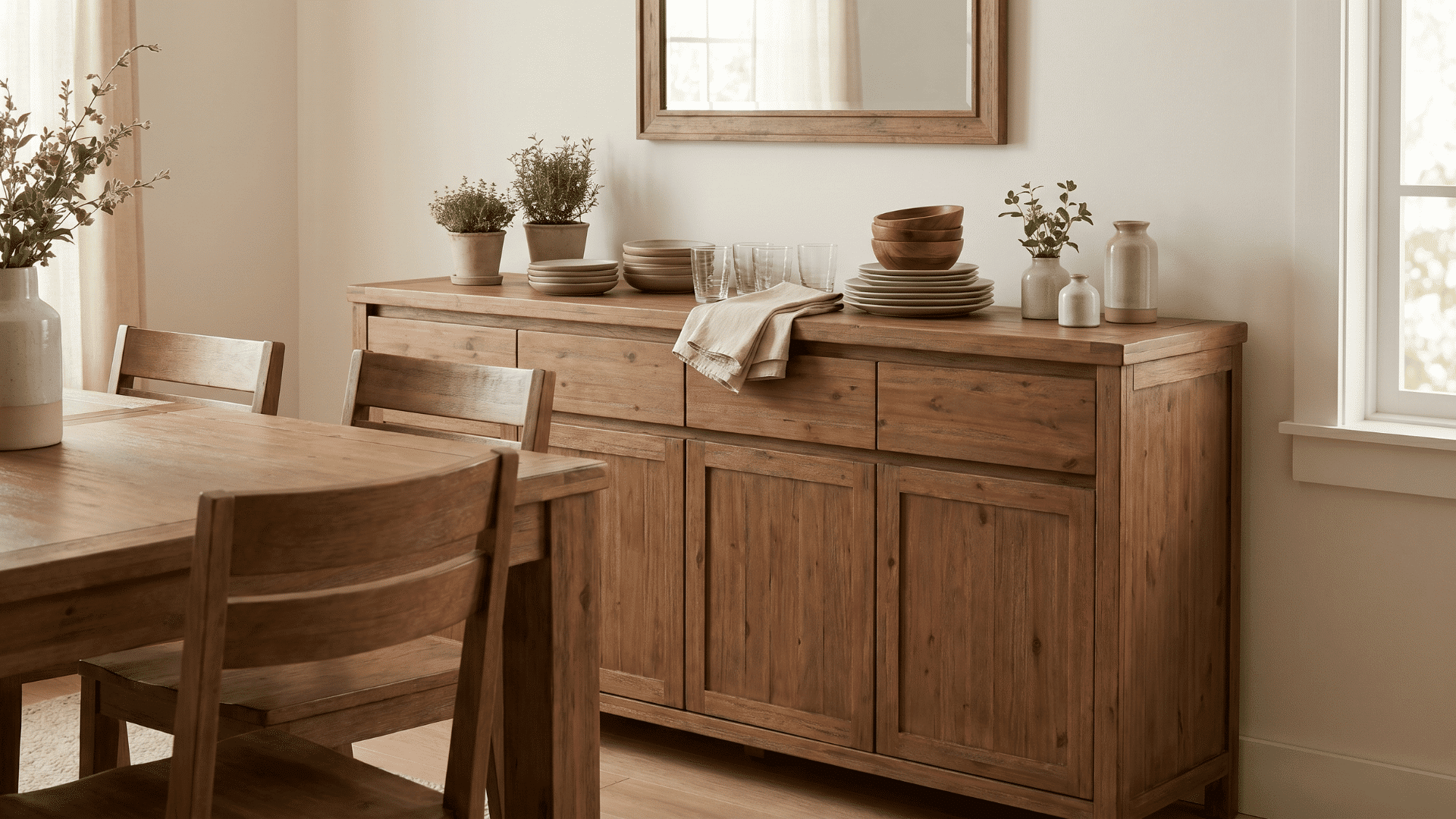 A long wooden buffet table with drawers and cabinets in a dining room, styled with potted plants and dishes, set next to a wooden dining set.