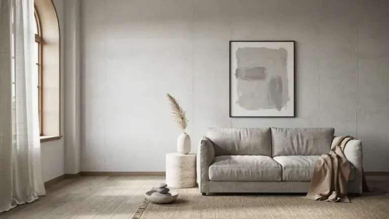 Monochromatic gray living room with layered neutral shades, textured furnishings, and matching wall art.