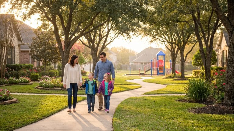 Family walking on a sunny neighborhood path with houses and playground in the background