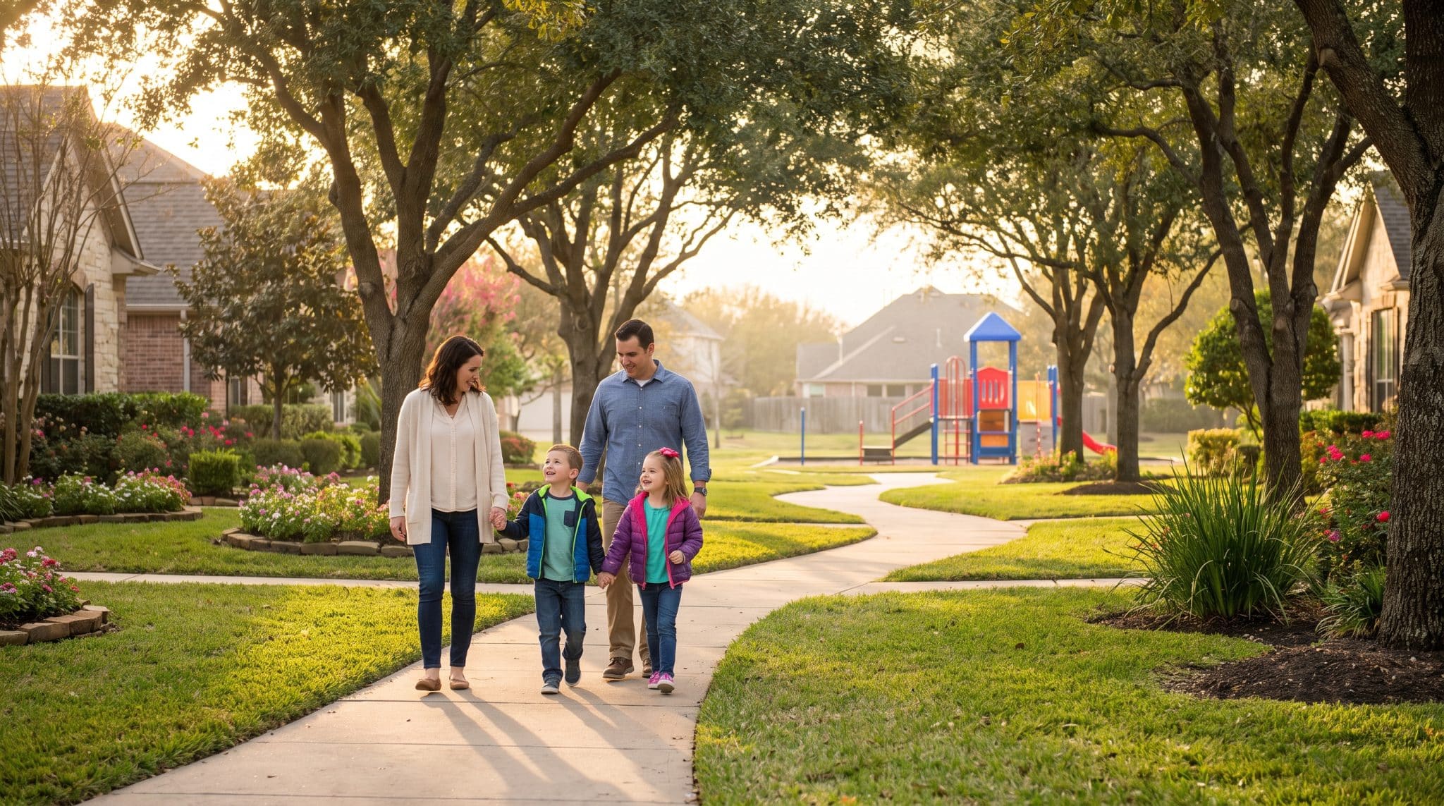 Family walking on a sunny neighborhood path with houses and playground in the background