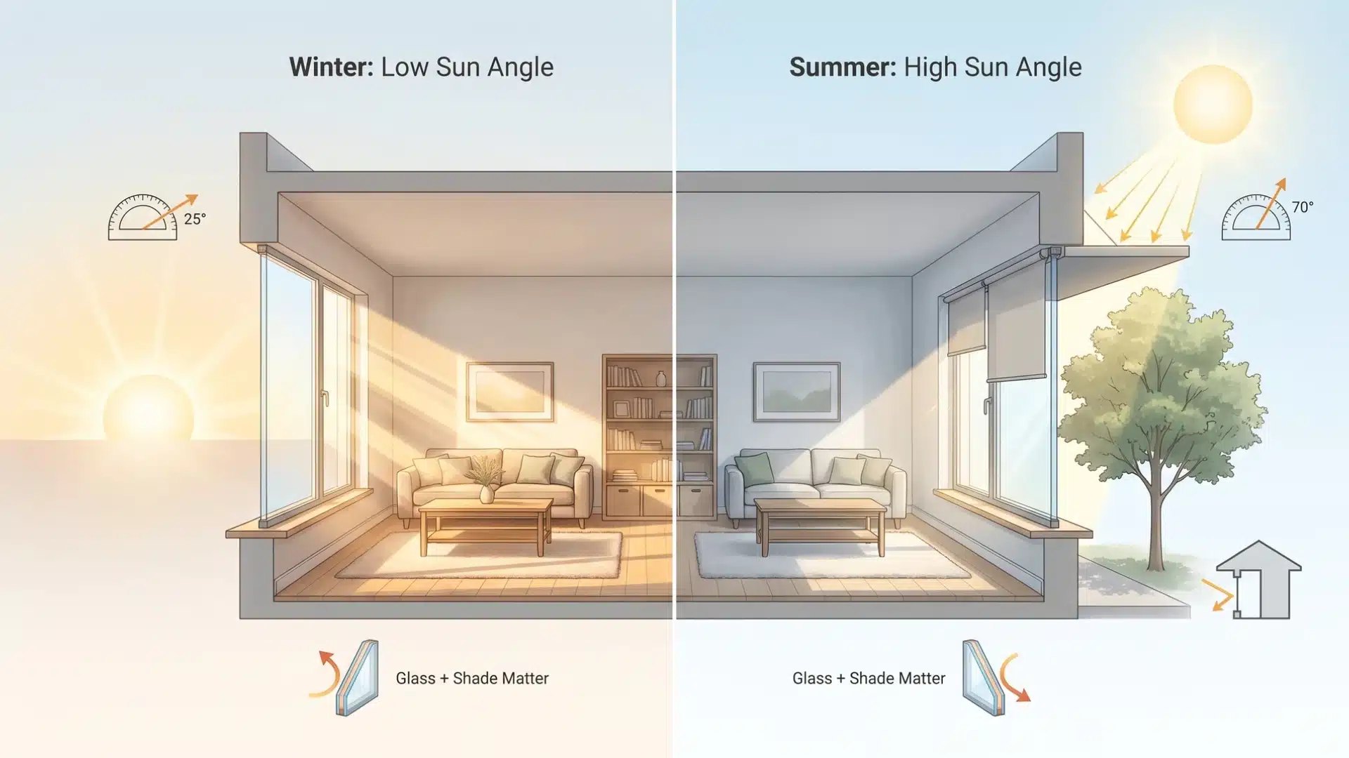 nfographic showing winter and summer sun angles through south-facing windows.