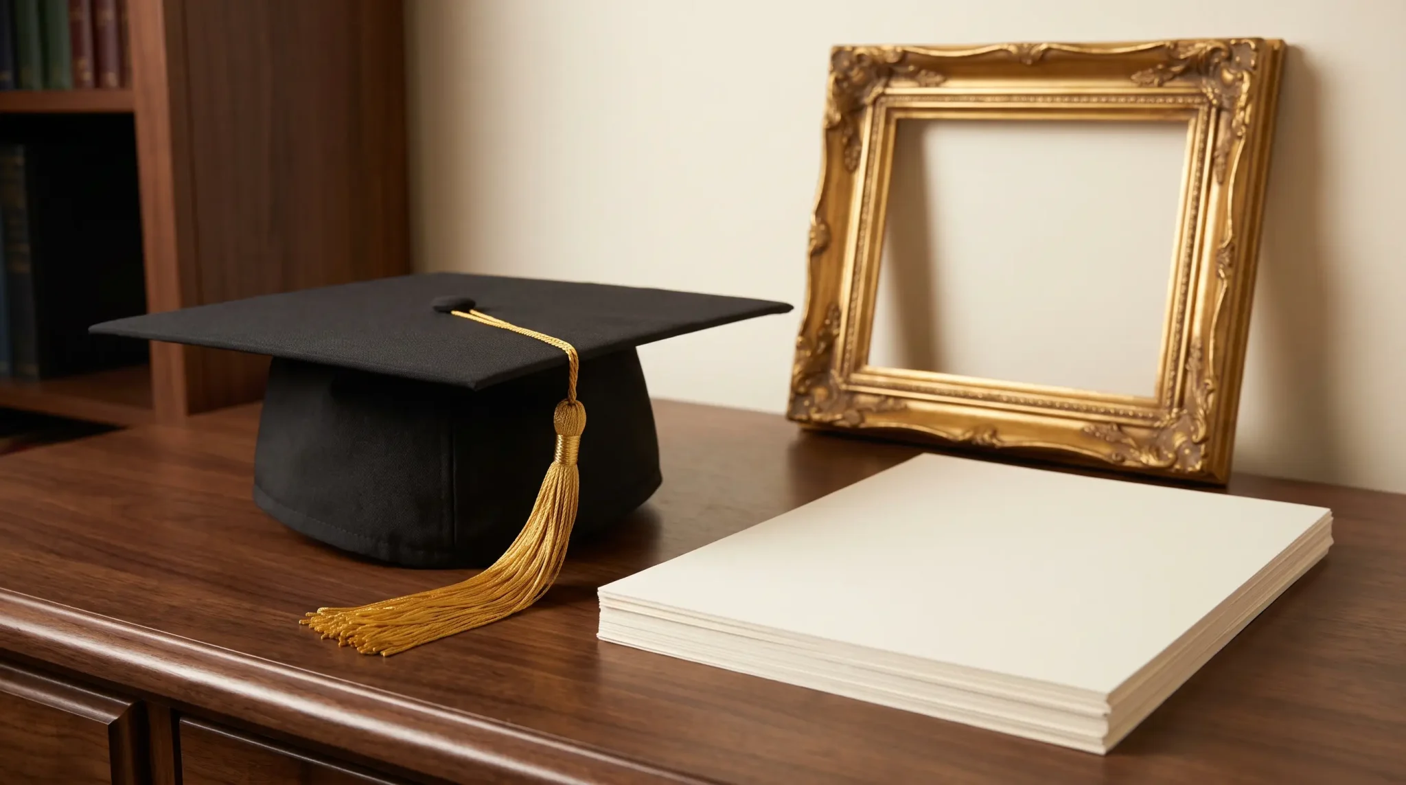 Graduation cap with gold tassel on wooden desk beside stack of paper and ornate frame