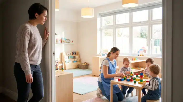 Caretaker playing with children using colorful blocks in sunlit classroom with wall shelves and rugs
