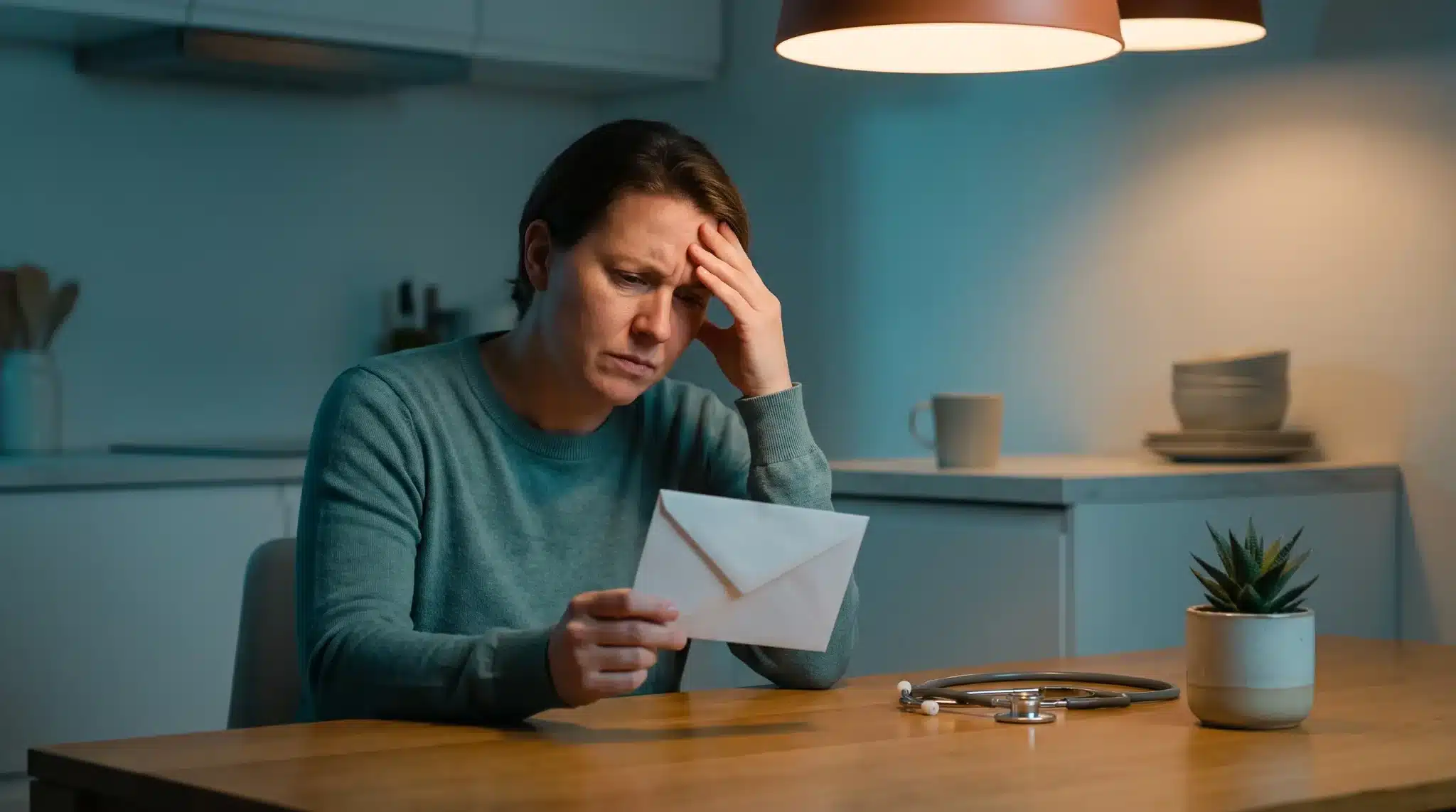Person holding envelope at kitchen table with stethoscope and lamp overhead