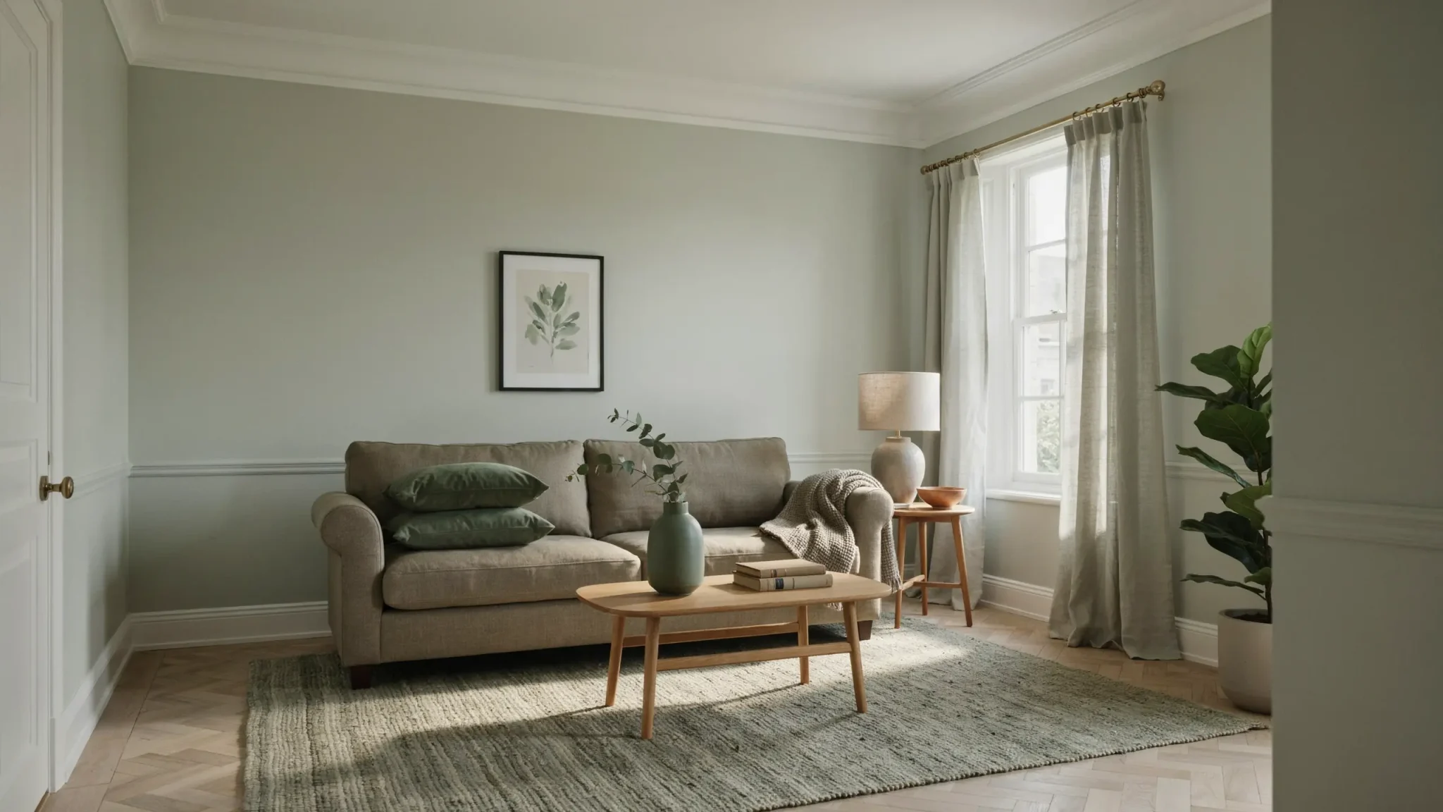 Monochromatic sage green living room with coordinated walls, curtains, rug, pillows, and decor.