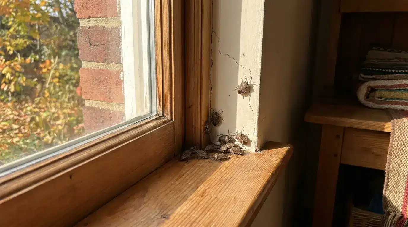 Stink bugs gathering around a home's window and exterior siding in fall, with colorful leaves scattered outside.