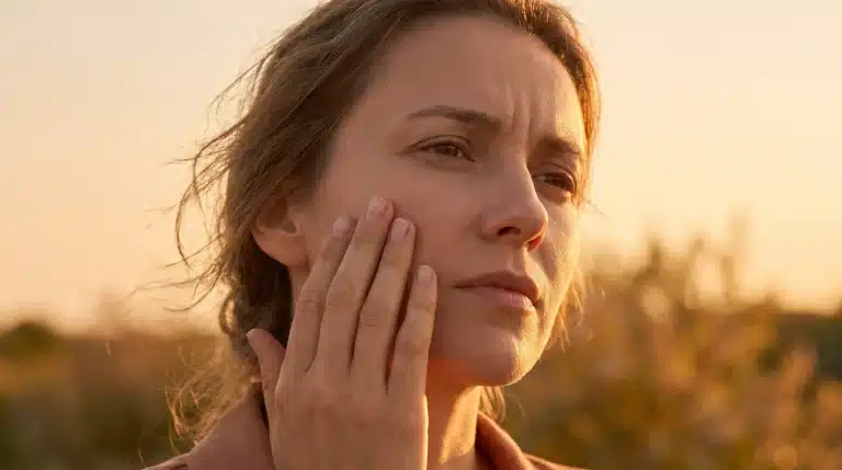 Woman touching her face in warm evening light outdoors with soft focus background