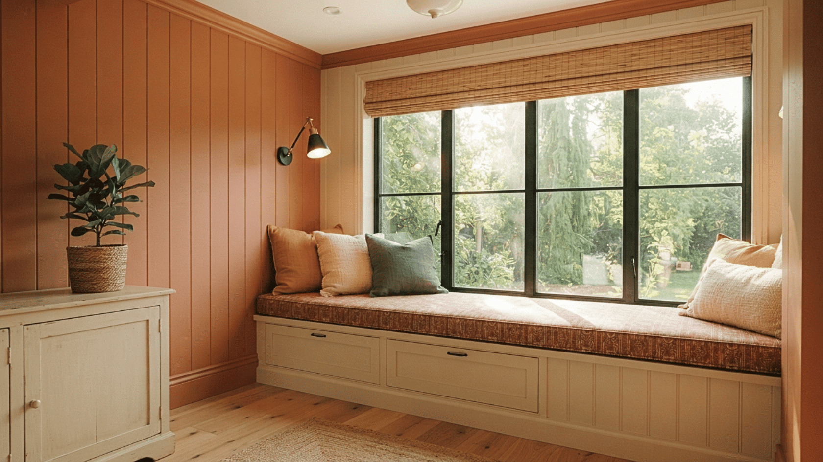 Built-in window seat with cushions in a cozy morning room with terracotta walls, warm sunlight, and a wall-mounted reading lamp.