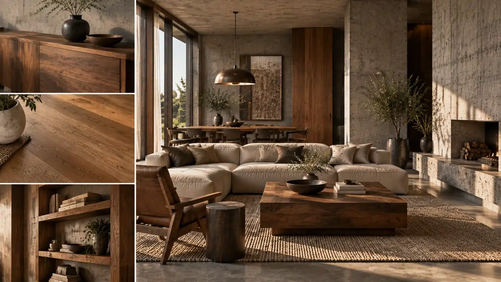 Brutalist interior with warm walnut furniture, oak flooring, wooden shelves, and natural wood details balancing concrete surfaces