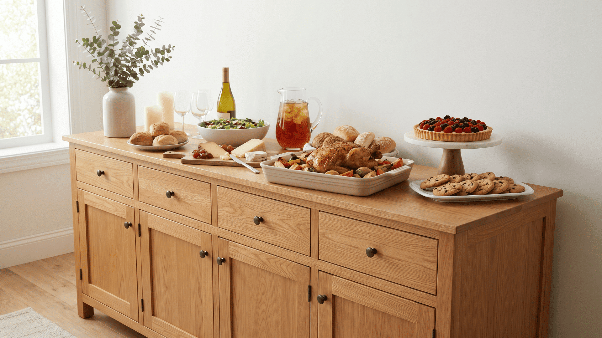 A wooden buffet table with a flat top surface holding food, drinks, desserts, and table decor