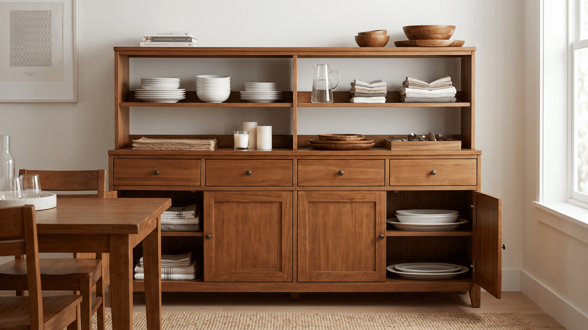 A wooden buffet table with open upper shelves, drawers, and lower cabinets storing dishes, bowls, and glassware in a dining room.