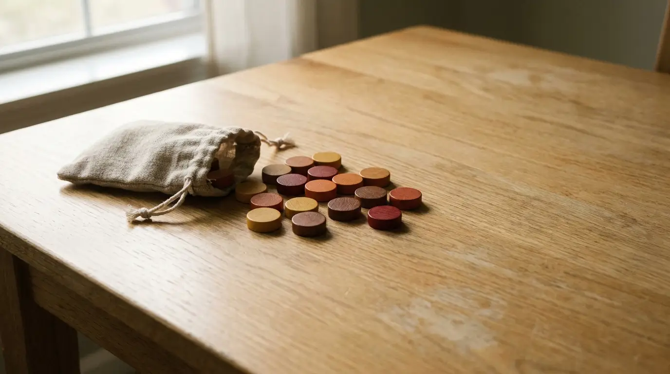 Cloth bag with colorful wooden tokens on light wooden table
