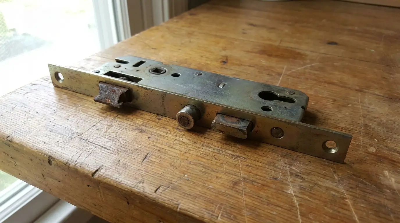 Metal door lock mechanism on a wooden surface near a window in soft daylight