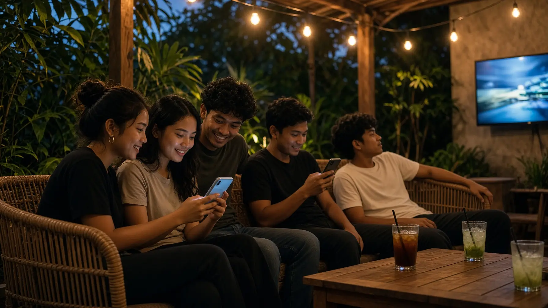 Group of young adults using smartphones in cozy outdoor patio with string lights and drinks on table