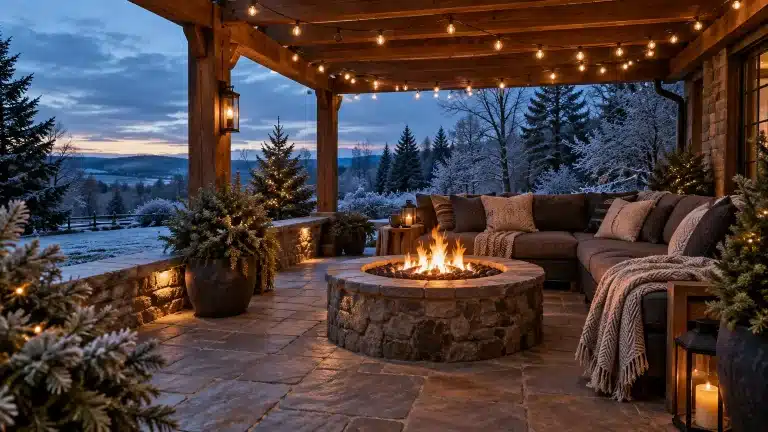 Cozy outdoor patio with stone fire pit, string lights, and snow-covered landscape at dusk