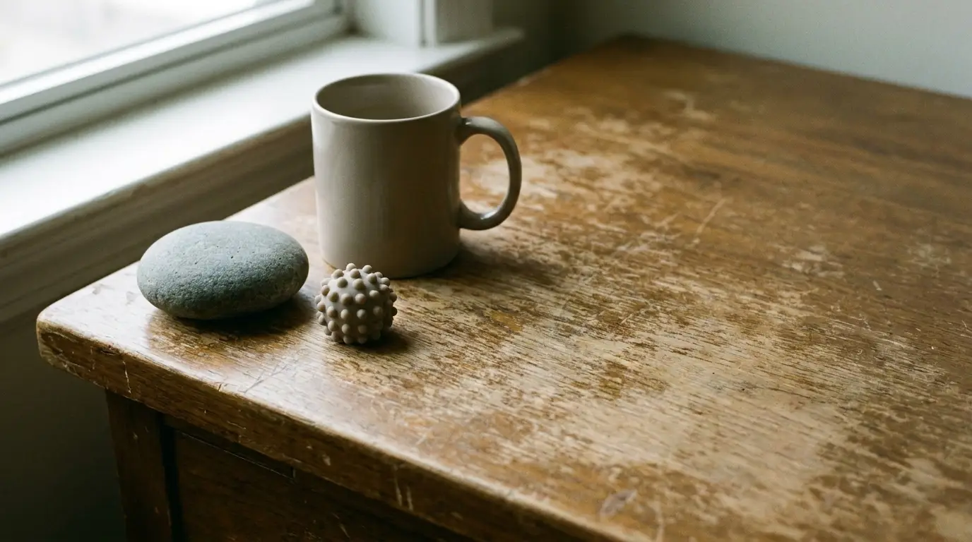 Ceramic mug and textured stress balls on rustic wooden table near window