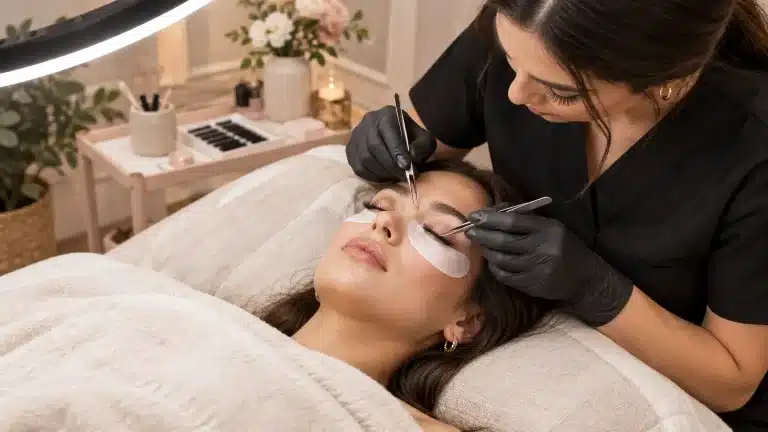 Esthetician applying eyelash extensions to client's lashes in cozy studio setting